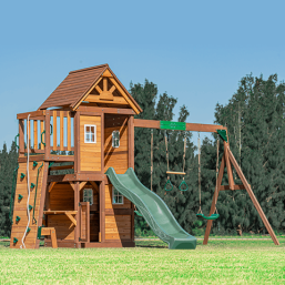 Mount Peak - Kazbek Swing Set And 2 Level Play House With Wooden Roof